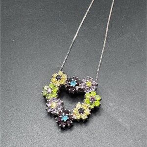 Sterling Silver Multi Gemstone Floral Heart Necklace